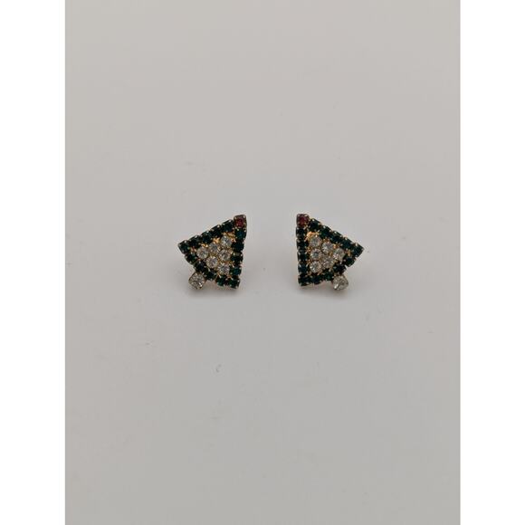 Vintage Crystal Christmas Tree Stud Earrings Gold Tone Green White Red Holidays - Picture 2 of 3